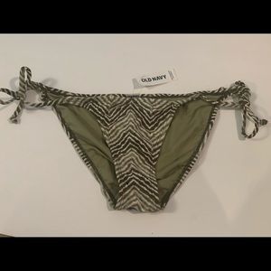 NEW Old Navy String Bikini Bottoms, size Small, Olive Green Zig-Zag pattern